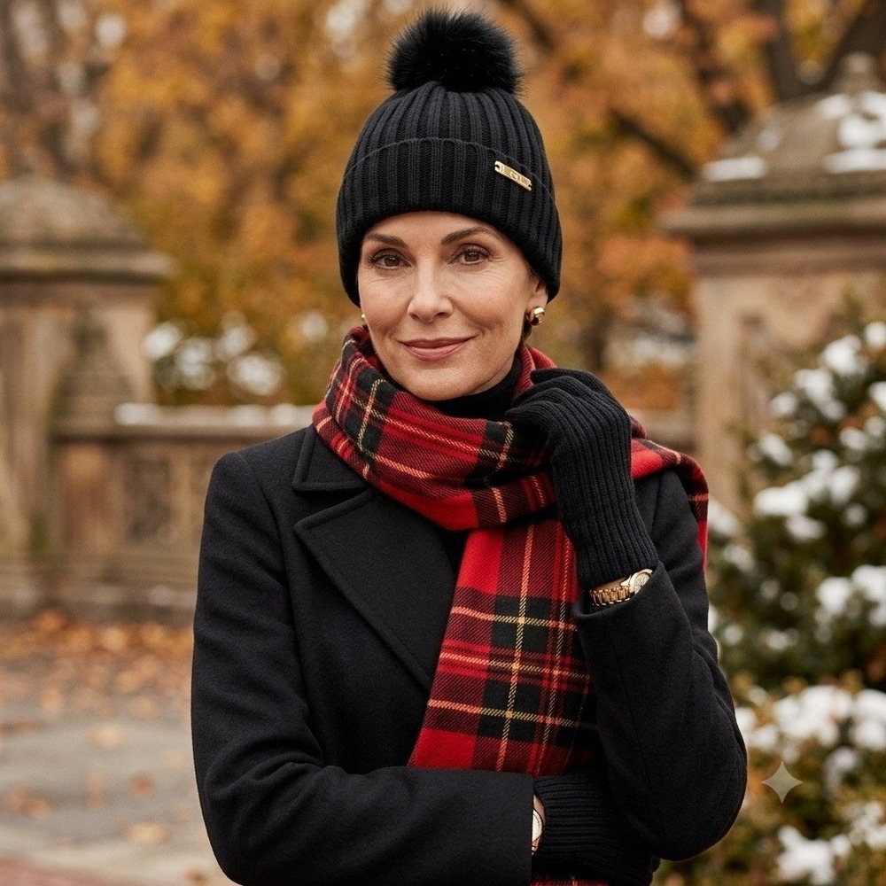 Lauren Ralph Lauren Womens Plaid Scarf Pom Beanie 2pc Winter Gift Set Red NWT